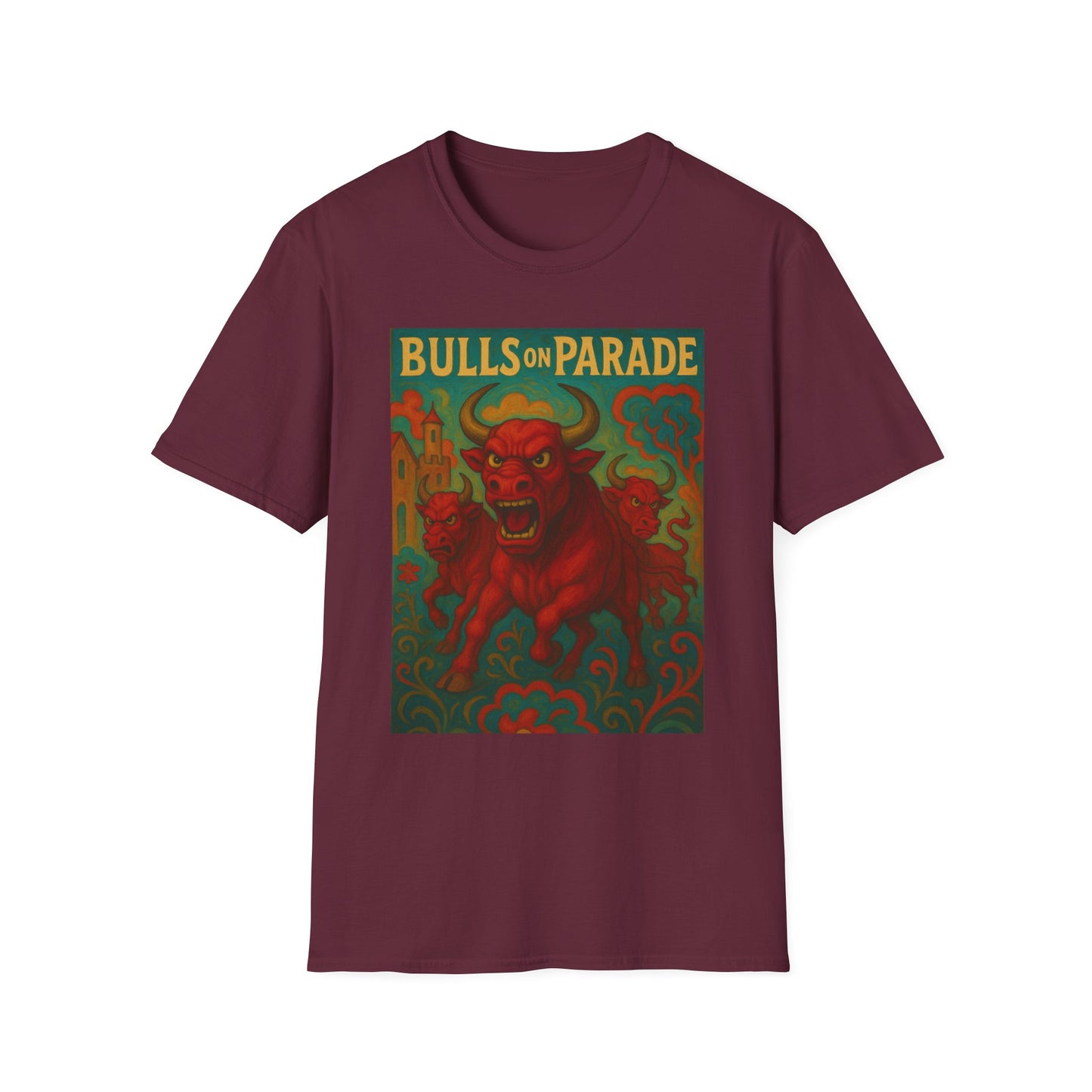 Bulls on Parade Shirt – Psychedelic Rage-Inspired Bull Graphic Tee • Gildan Softstyle® Unisex • Protest Art T-Shirt • Gift for Rage Fans