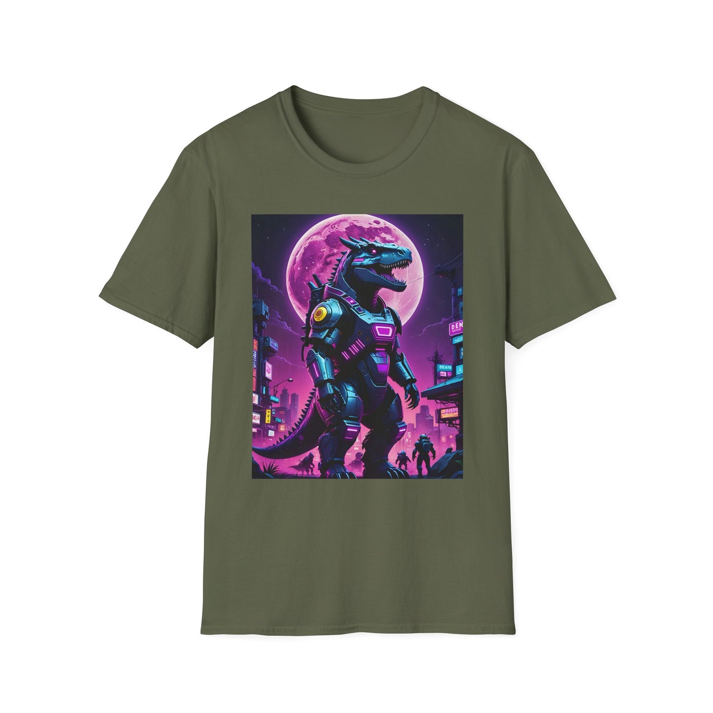 Cyberpunk Dinosaur T Shirt Neon Retro Graphic Tee Futuristic Monster Artwork Top Gift for Sci Fi Fans