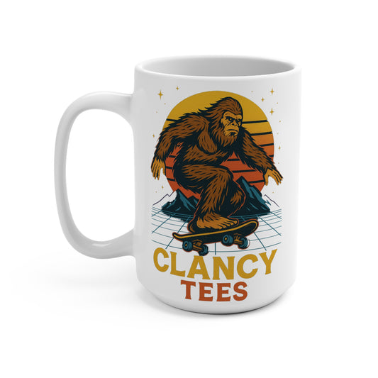 Skateboarding Bigfoot Coffee Mug Funny 15oz Ceramic Cup Retro Cryptid Gift For Sasquatch Fans Bold Humor Morning Drinkware Unique ClancyTees Design