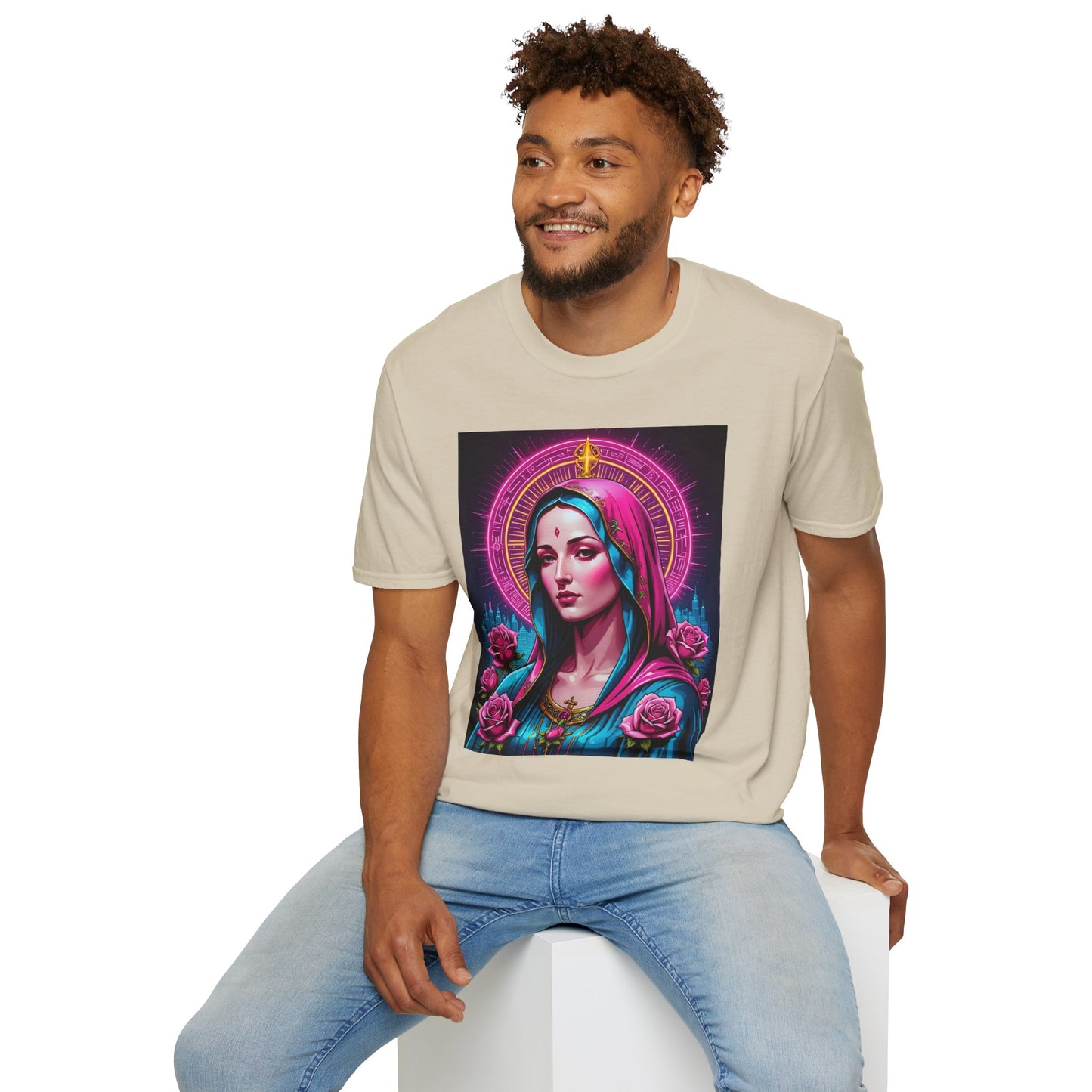 Religious Graphic Tee - Vibrant Mary Artwork, Gift for Devotees, Floral Design Shirt, Faith-Inspired Apparel, Everyday Wear