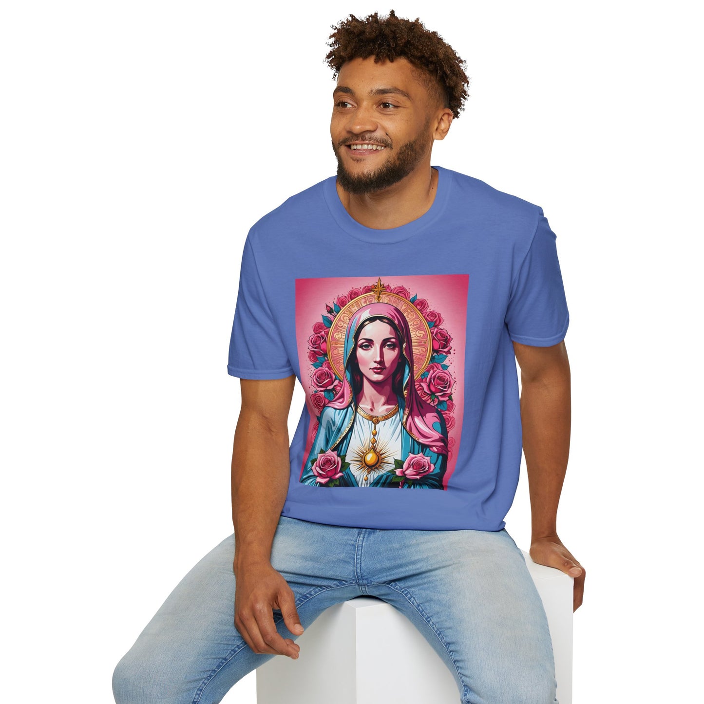 Unisex Softstyle T-Shirt with Sacred Heart Design, Spiritual Apparel, Artistic Gift for Many Occasions, Vintage Aesthetic, Festive Wear