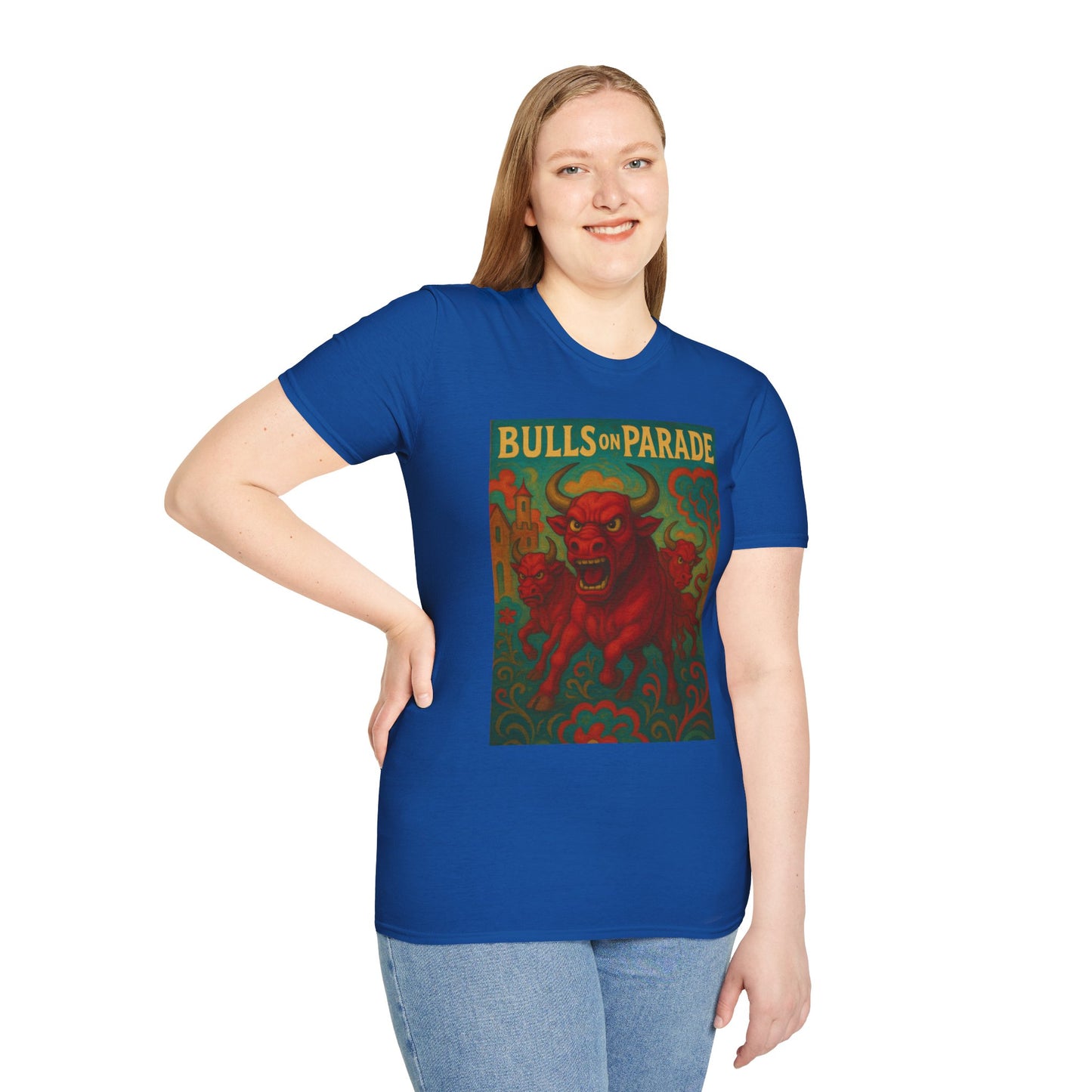 Bulls on Parade Shirt – Psychedelic Rage-Inspired Bull Graphic Tee • Gildan Softstyle® Unisex • Protest Art T-Shirt • Gift for Rage Fans