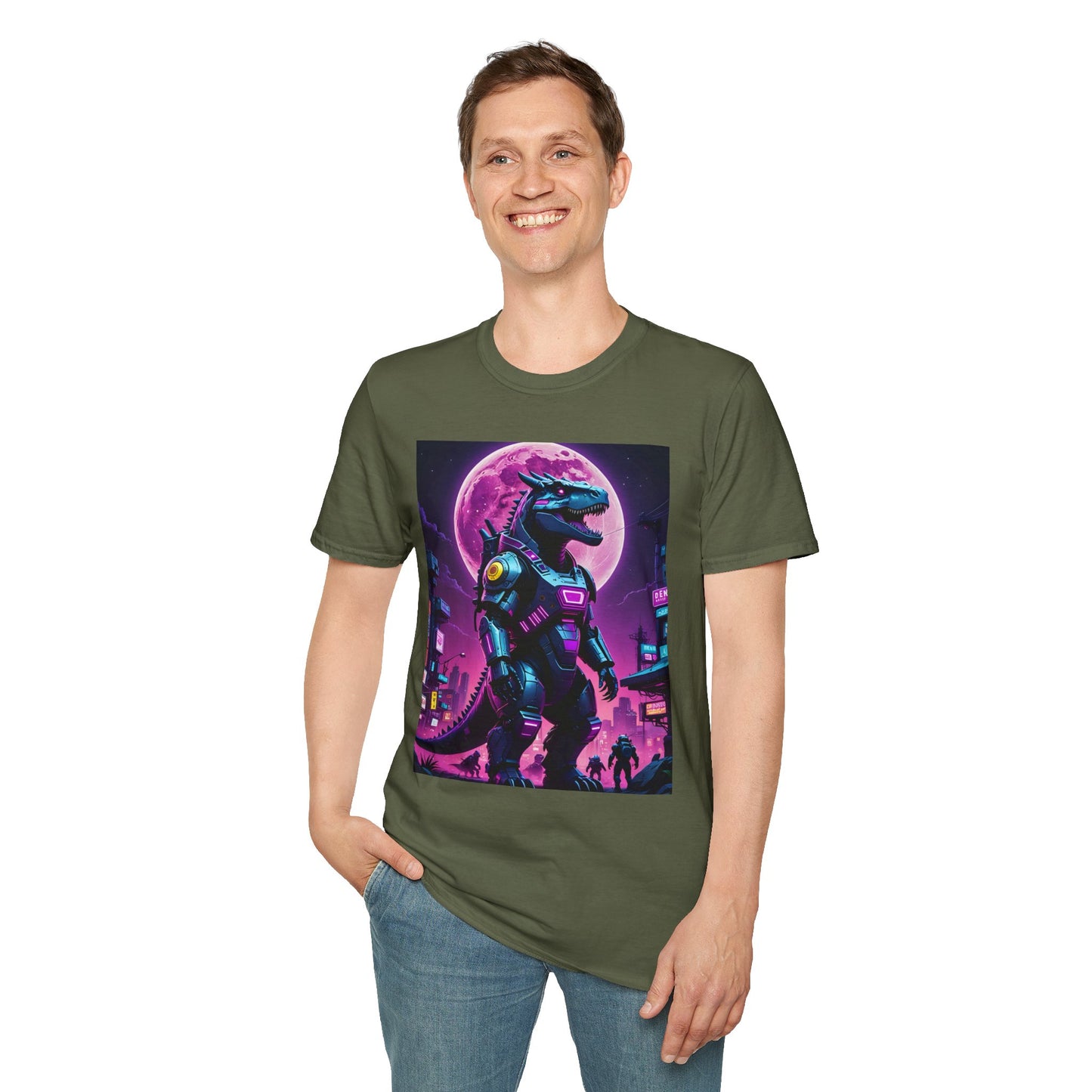 Cyberpunk Dinosaur T Shirt Neon Retro Graphic Tee Futuristic Monster Artwork Top Gift for Sci Fi Fans