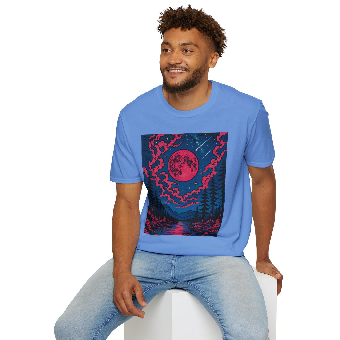 Trippy Red Moon Forest T-Shirt – Surreal Nature Graphic Tee • Psychedelic Night Sky Shirt • Gildan Softstyle® Unisex • Gift for Nature Lovers