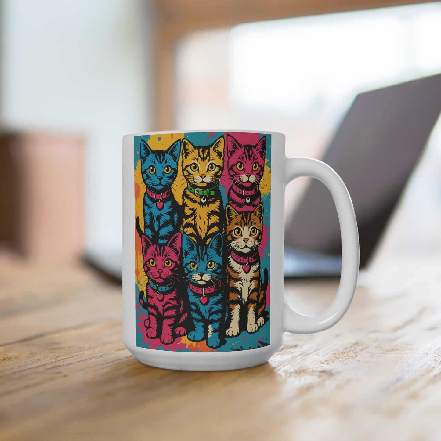 Pop Art Cats Ceramic Mug 15oz Colorful Cat Coffee Cup Funny Gift For Cat Lovers Retro Feline Art