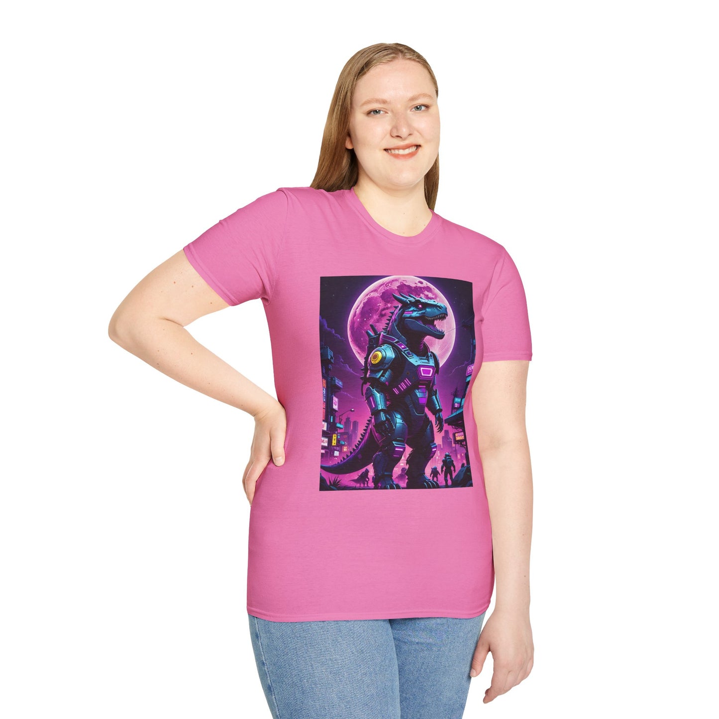 Cyberpunk Dinosaur T Shirt Neon Retro Graphic Tee Futuristic Monster Artwork Top Gift for Sci Fi Fans