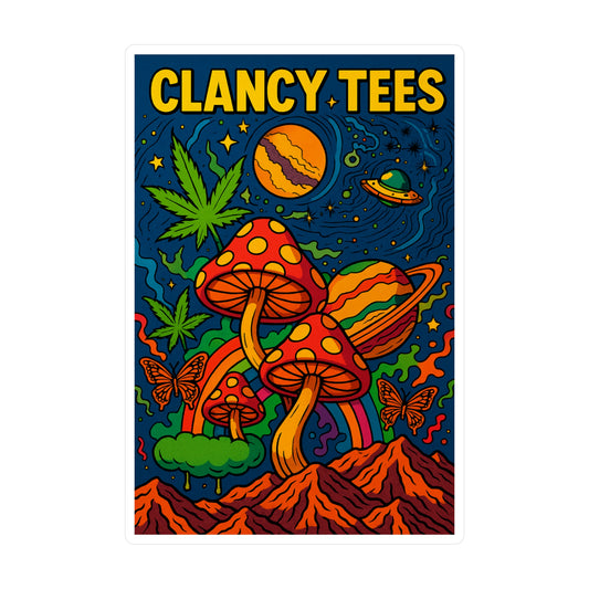 ClancyTees Psychedelic Mushroom Sticker – Kiss Cut Vinyl Decal, Trippy Space Artwork, Bold Retro Aesthetic, Gift for Stoner Friends