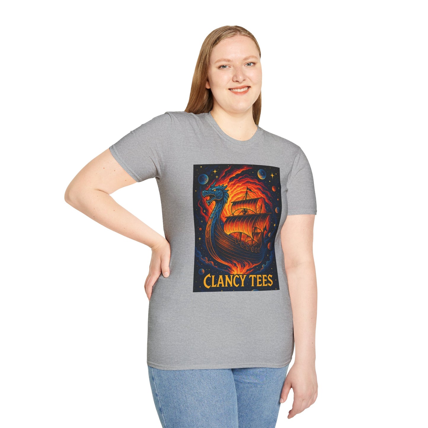 Viking Ship Dragon Shirt – Trippy Norse Mythology Tee with Fiery Cosmic Art – Bold Fantasy Graphic – Gift for Myth Lovers and Warrior Souls