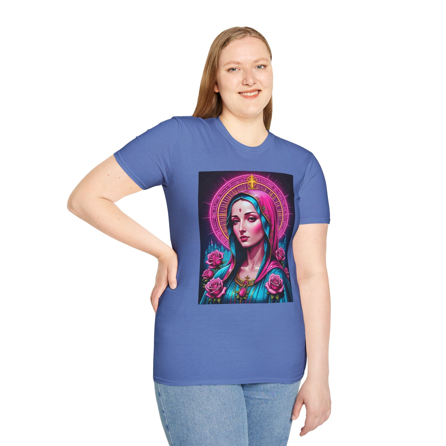 Religious Graphic Tee - Vibrant Mary Artwork, Gift for Devotees, Floral Design Shirt, Faith-Inspired Apparel, Everyday Wear