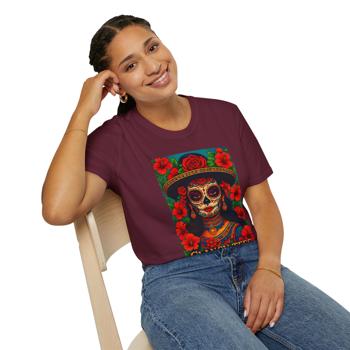 Colorful Sugar Skull T-Shirt, Day of the Dead Tee, Unique Graphic Shirt, Festival Apparel, Gift for Halloween, Unisex Softstyle Tee