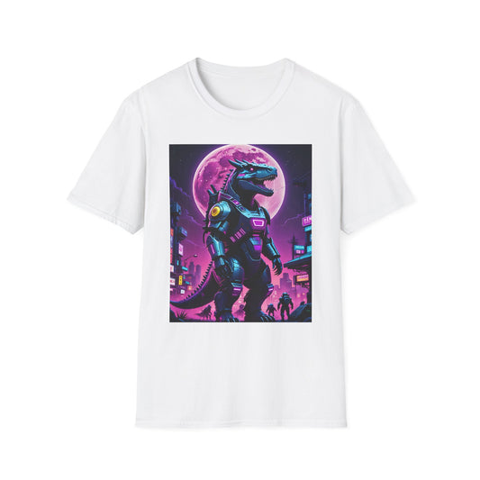 Cyberpunk Dinosaur T Shirt Neon Retro Graphic Tee Futuristic Monster Artwork Top Gift for Sci Fi Fans