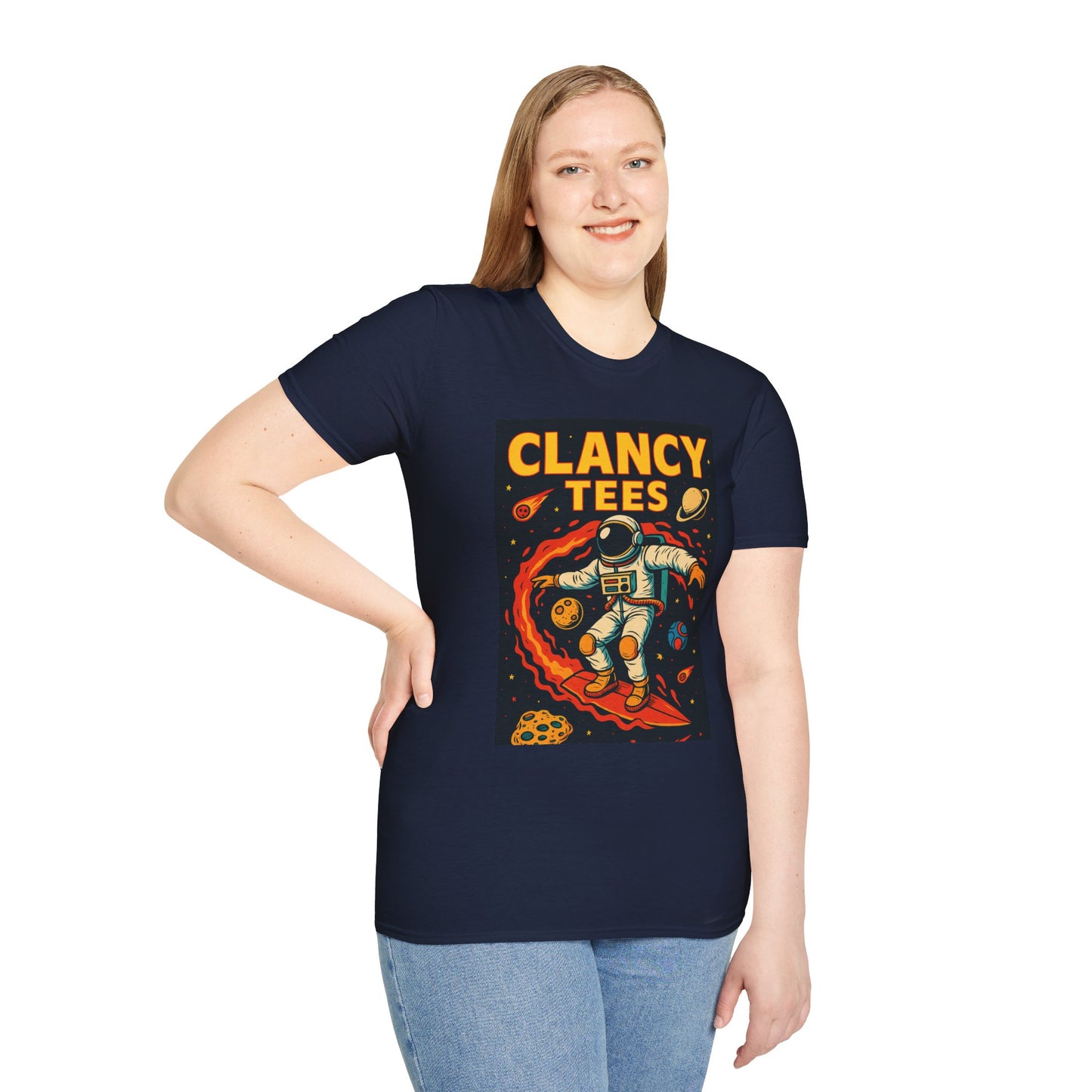 Astronaut Surfing T-Shirt – Outer Space Surfer Tee – Gift for Sci-Fi Beach Bums, Stoner Surfers, and Cosmic Wave Riders