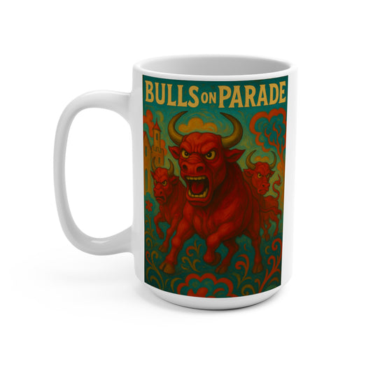 Bulls On Parade Mug – Fierce Red Bull Coffee Cup With Bold Retro Artwork, Heavy Metal Gift For Rock Fans
