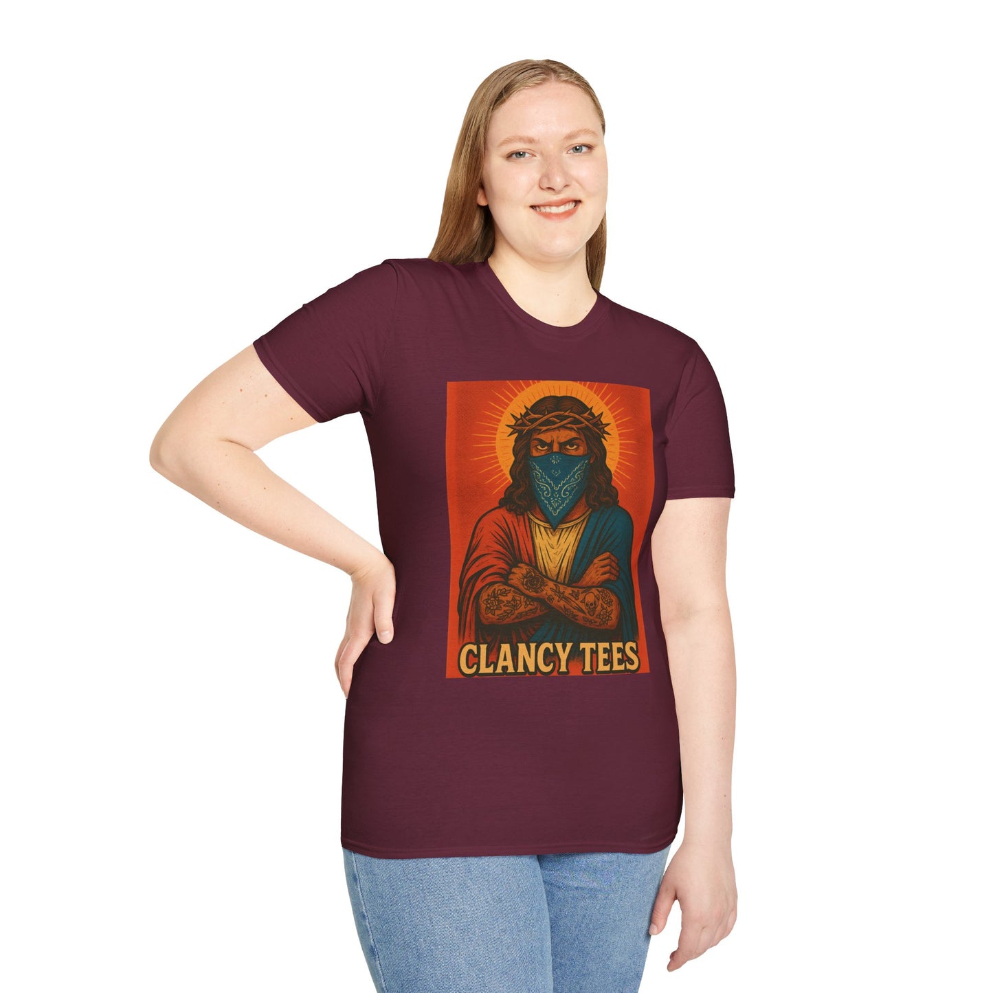 Gangsta Jesus Tattoo Shirt – Bold Religious Parody Tee with Face Mask – Street Art Style Graphic – Gift for Rebels, Sinners, and Faithful Rule-Breakers