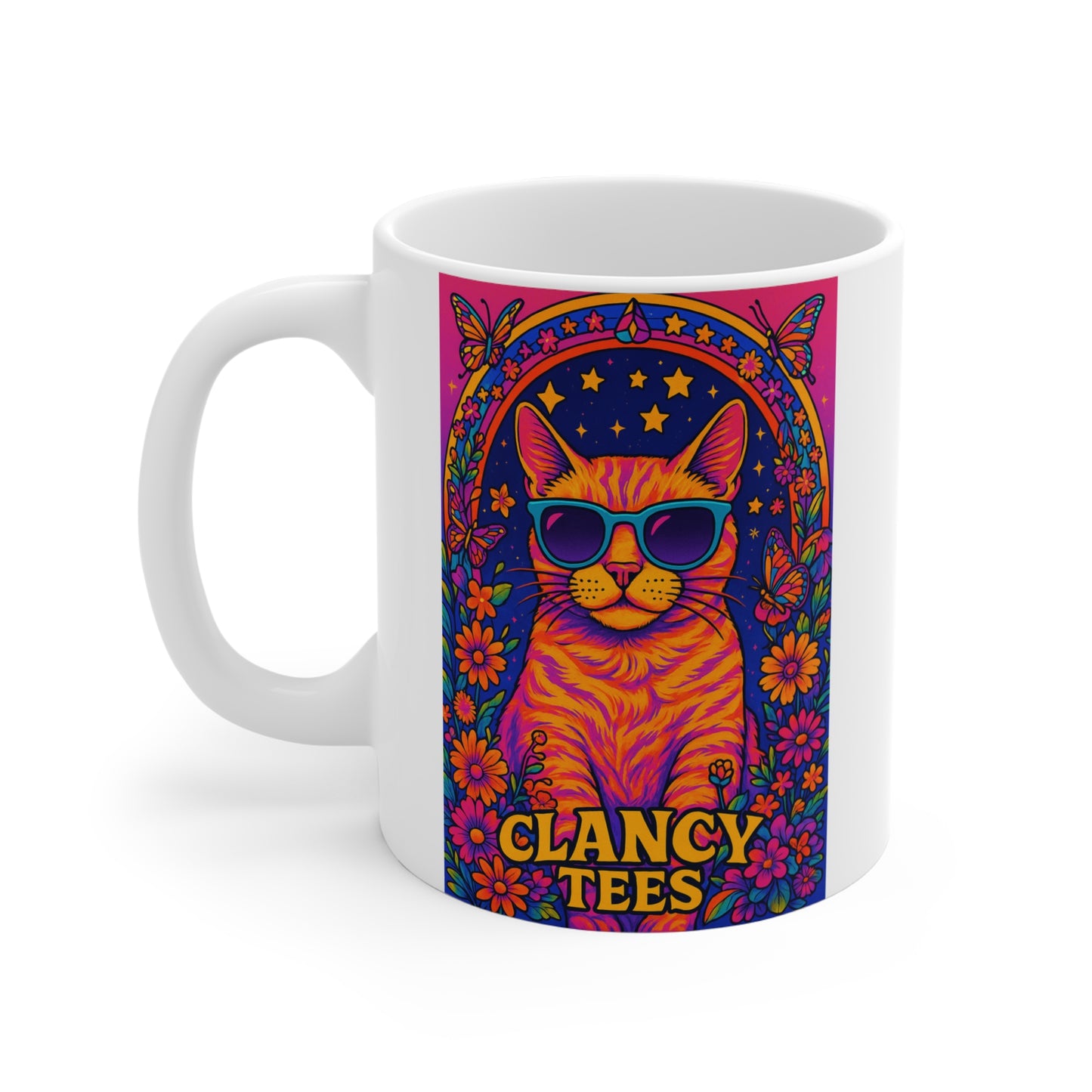 Psychedelic Cat Coffee Mug 11oz Ceramic Cup Colorful Kitty Artwork Trippy Drinkware Vibrant Retro Design With Sunglasses For Coffee Tea And More