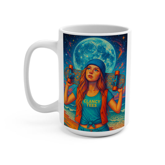 Moonlit Skater Girl Ceramic Mug Psychedelic Ocean Night Coffee Cup