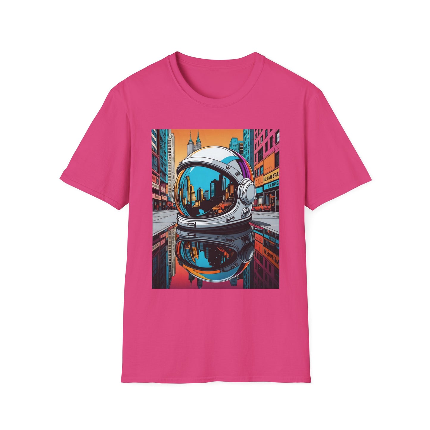 City Astronaut Reflection T-Shirt – Urban Space Art Tee – Gift for Sci-Fi Fans, Streetwear Addicts, and Cosmic Daydreamers