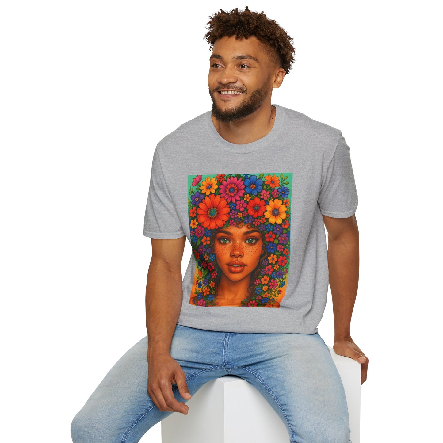 Flower Crown Woman T-Shirt – Afro Boho Floral Portrait Tee – Vibrant Art Shirt Gift for Nature Lovers, Hippies, Artists, and Bold Aesthetic Queens