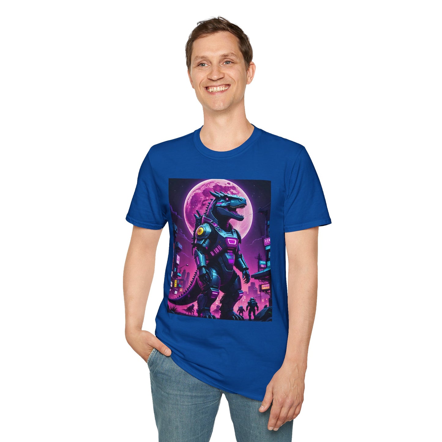 Cyberpunk Dinosaur T Shirt Neon Retro Graphic Tee Futuristic Monster Artwork Top Gift for Sci Fi Fans