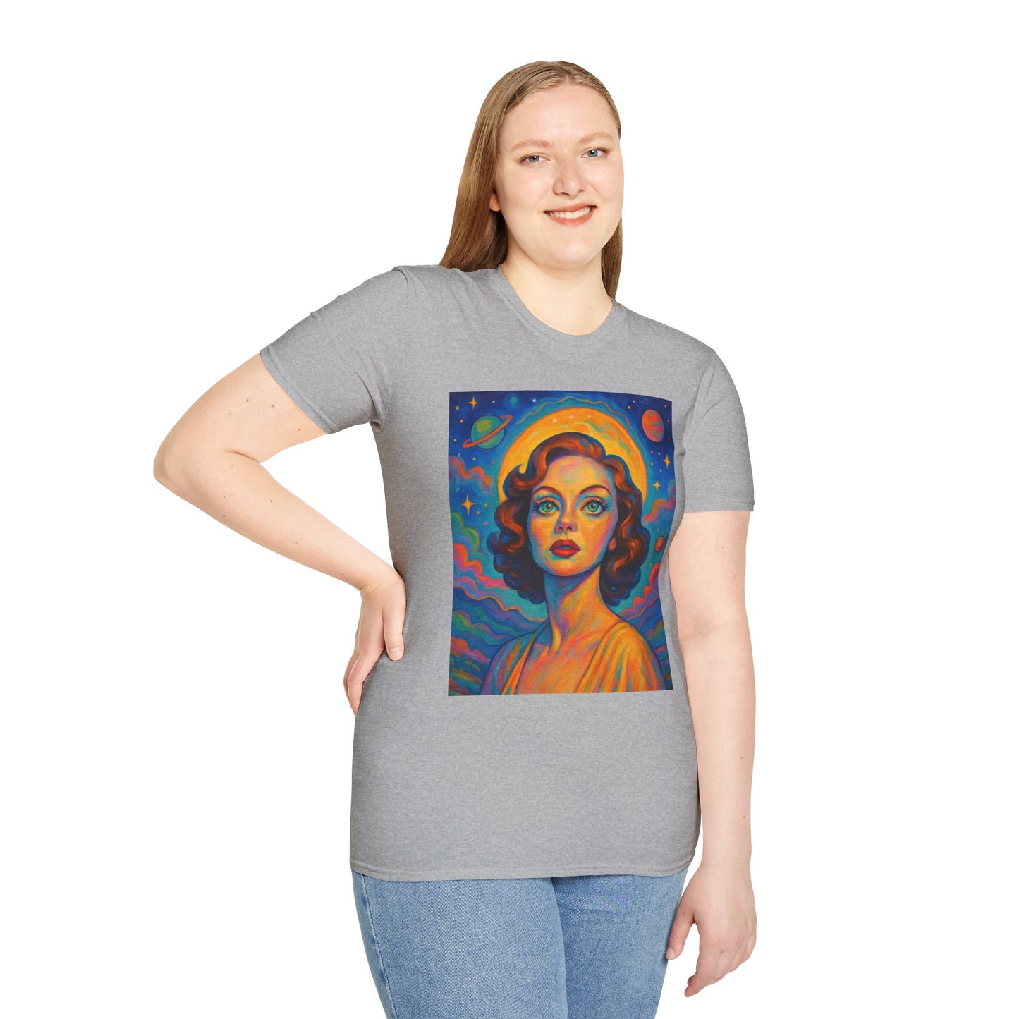 Retro Space Girl T Shirt Vintage Sci Fi Beauty Psychedelic Pop Art Galaxy Babe Tee Gift for Star Gazers Cosmic Fashion Astronaut Dreamwear