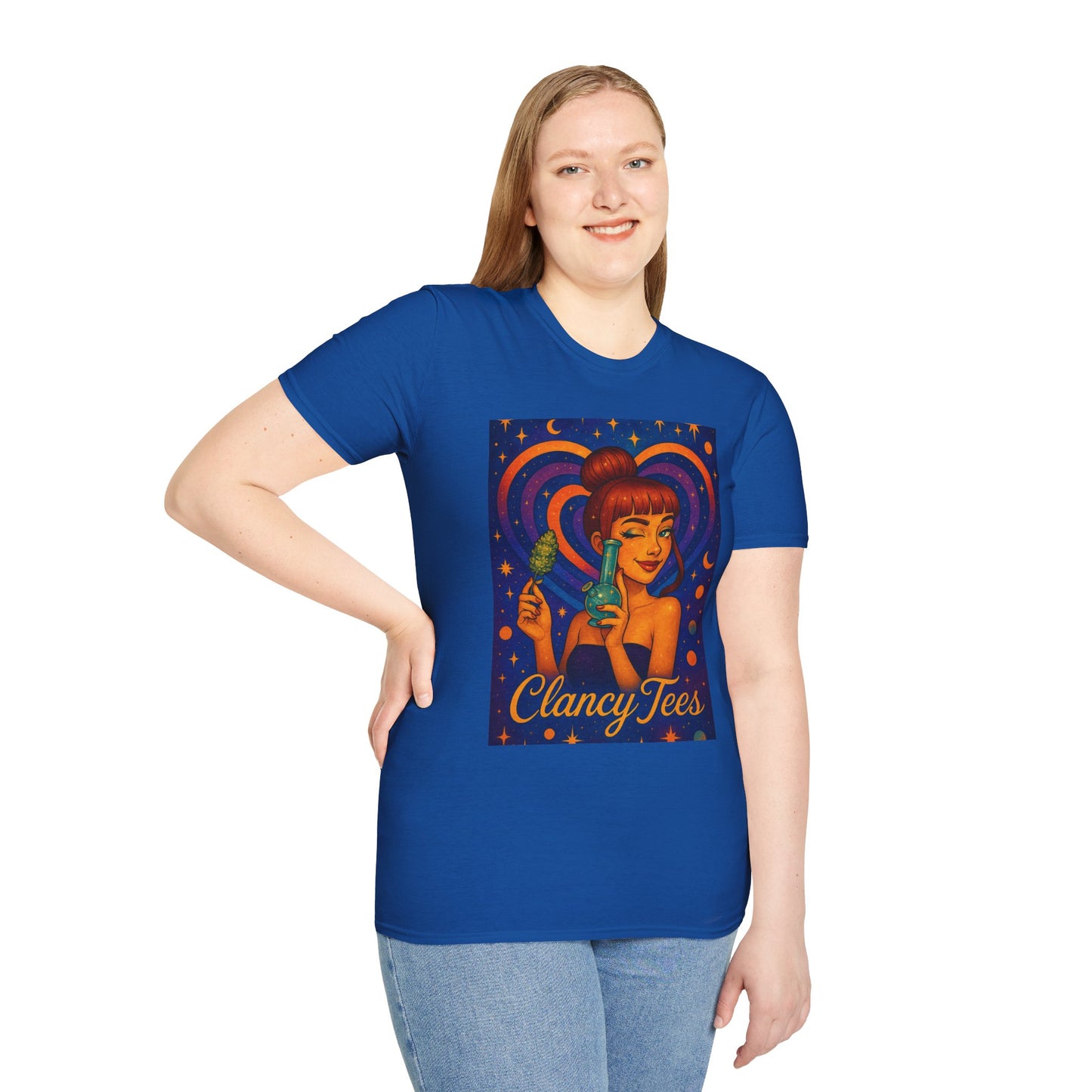 Cosmic Stoner Girl Art T-Shirt, Vintage Style Tee, Fun Summer Shirt, Gift for Art Lovers, Cute Graphic Tee, Unique Casual Wear