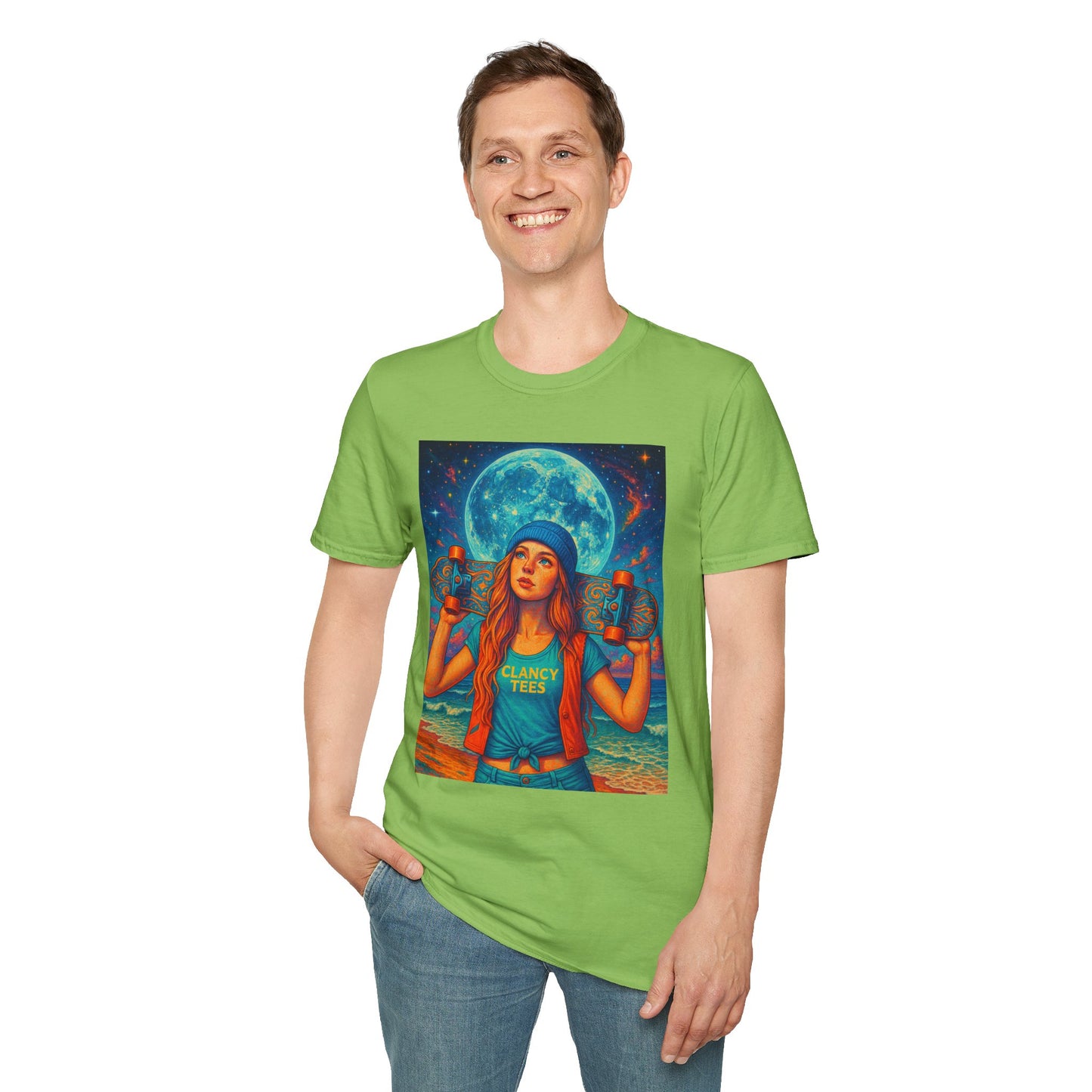 Bohemian Skater Girl Graphic Tee, Unisex T-Shirt with Moon & Nature Design, Perfect for Festivals, Gift for Nature Lovers, Summer Vibes, Casual Wear