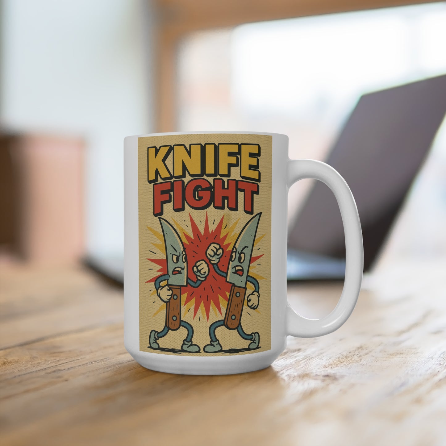Knife Fight Mug Funny Cartoon Artwork Ceramic Coffee Cup Gift for Dark Humor Fans