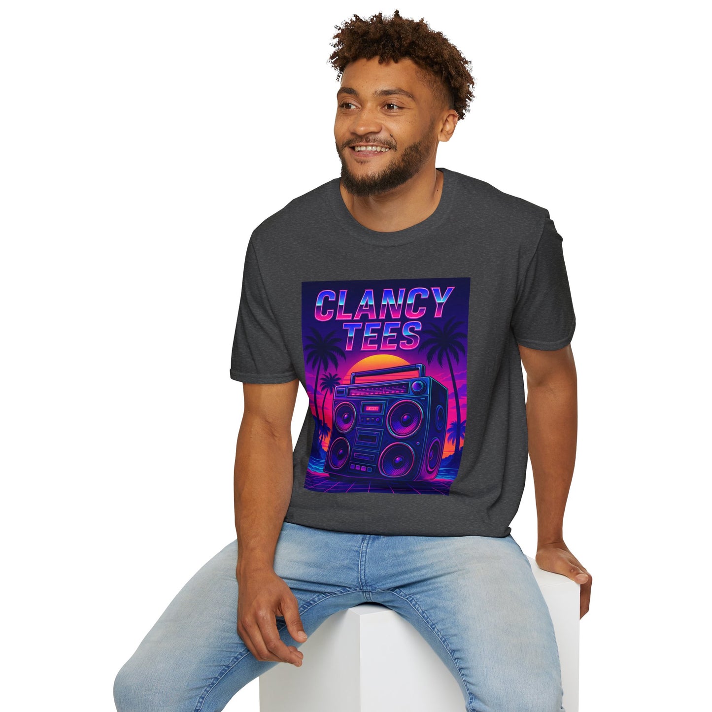 Retro Boombox Sunset Tee – Vaporwave Clancy Tees Shirt – Gift for 80s Kids, Music Lovers, Synthwave Fans & Nostalgic Neon Dreamers