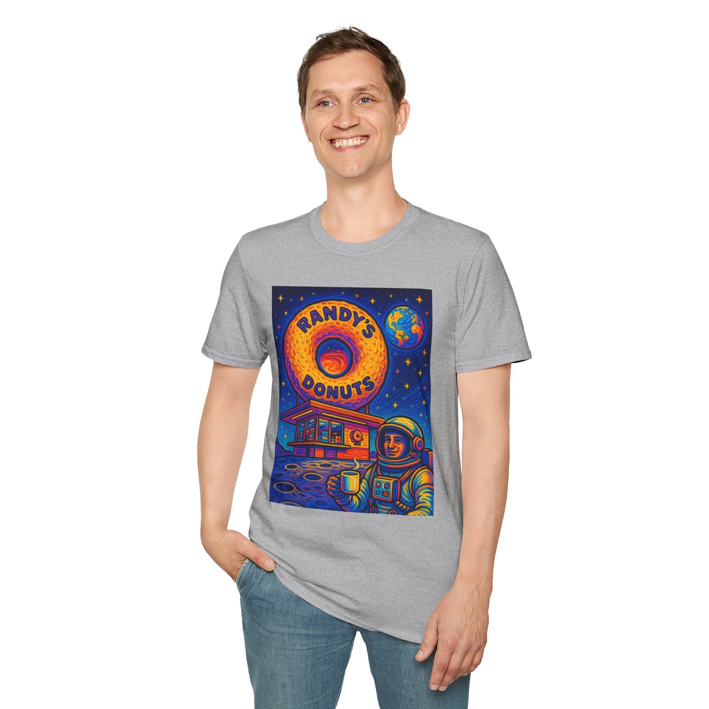 Space Donut T-Shirt – Retro Sci-Fi Astronaut Holding Coffee on the Moon – Gift for Foodies, Dreamers, and Outer Space Humor Fans