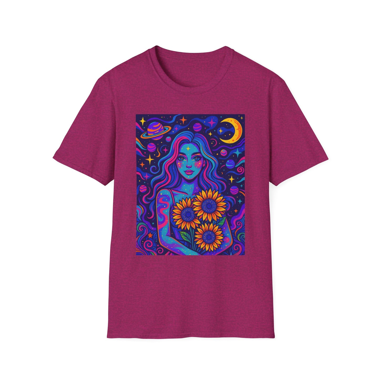 Psychedelic Sunflower Girl Shirt Trippy Space Goddess Tee Gift for Astrology Lovers Cosmic Art T Shirt for Hippies Star Gazers and Moon Magic Fans