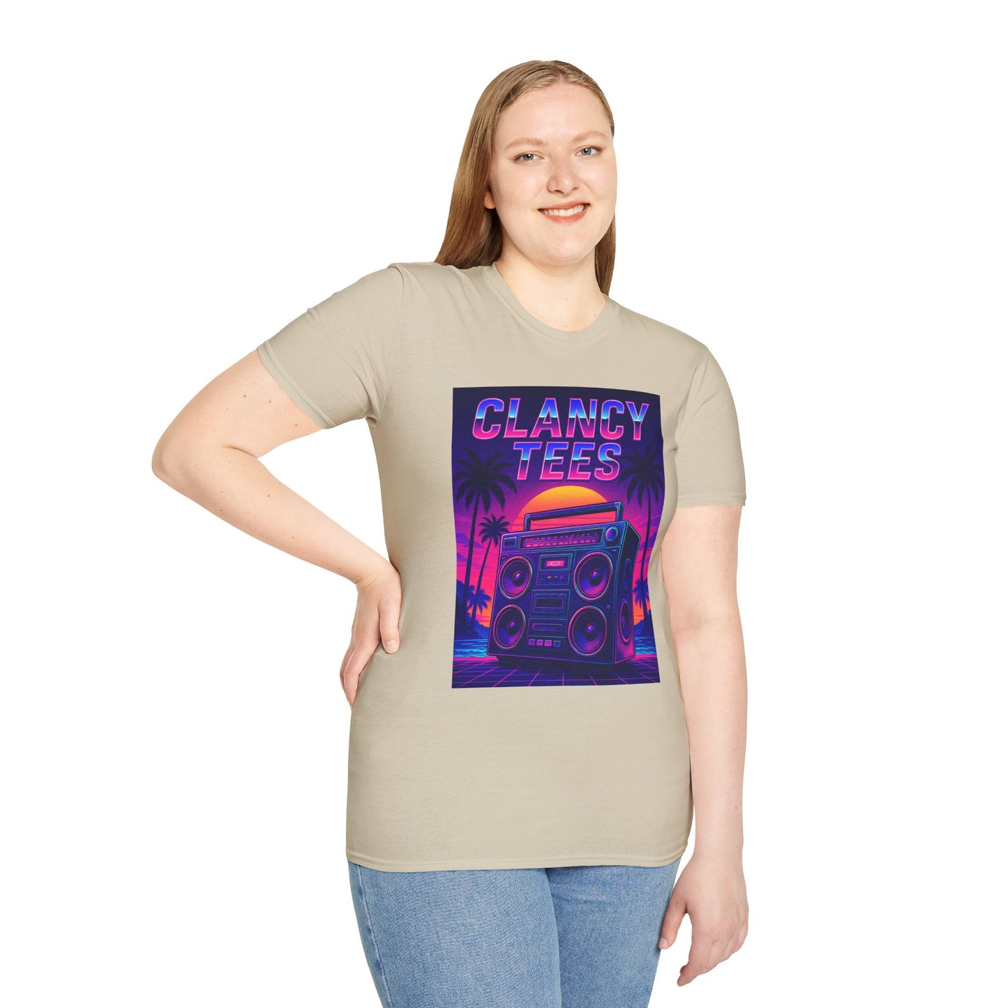 Retro Boombox Sunset Tee – Vaporwave Clancy Tees Shirt – Gift for 80s Kids, Music Lovers, Synthwave Fans & Nostalgic Neon Dreamers