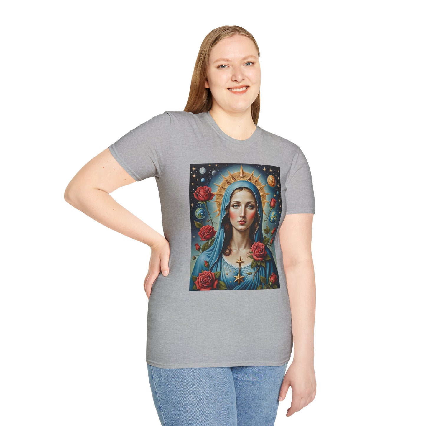 Artistic Virgin Mary T-Shirt, Vintage Graphic Tee, Religious Shirt, Christian Gift, Casual Wear