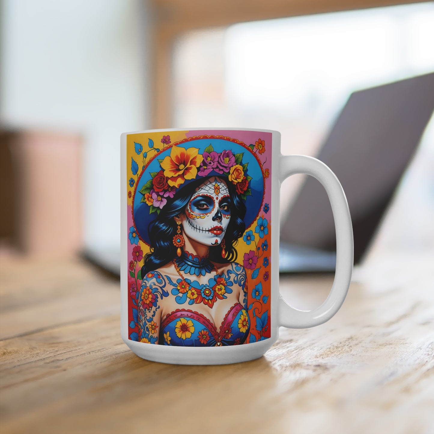 Day Of The Dead Mug – Sugar Skull Woman Coffee Cup With Colorful Floral Artwork, Dia De Los Muertos Design, Gift For Art Lovers