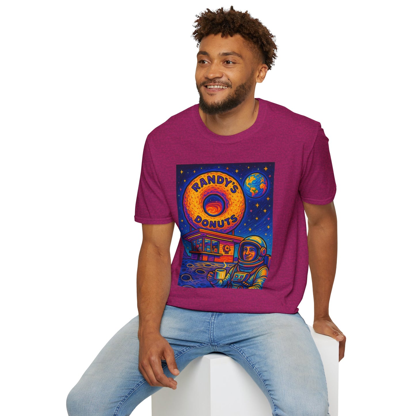Space Donut T-Shirt – Retro Sci-Fi Astronaut Holding Coffee on the Moon – Gift for Foodies, Dreamers, and Outer Space Humor Fans