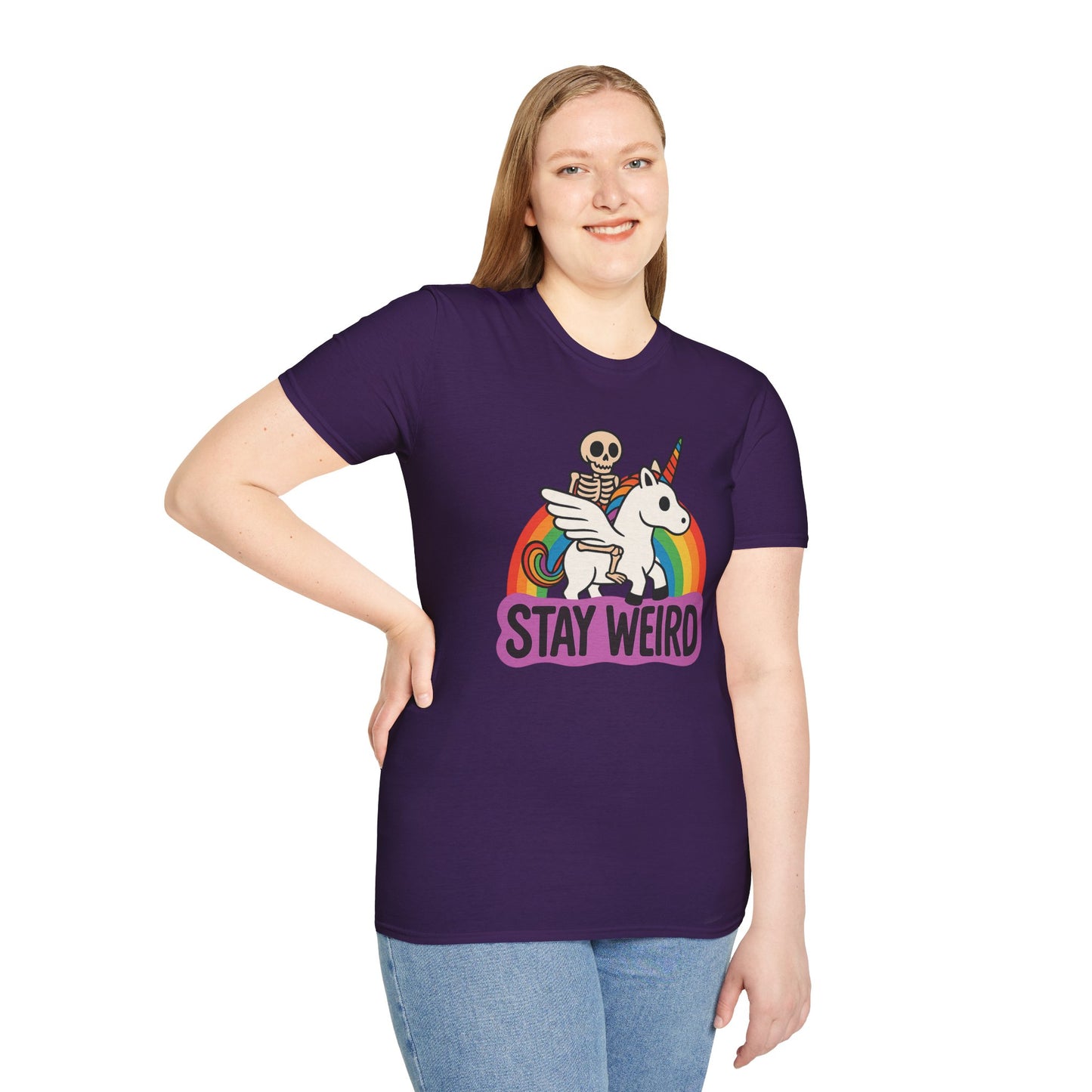 Stay Weird Skeleton Unicorn Shirt – Funny Rainbow Graphic Tee – Whimsical Weirdcore Clothing – Gift for Quirky Friends and Oddball Souls