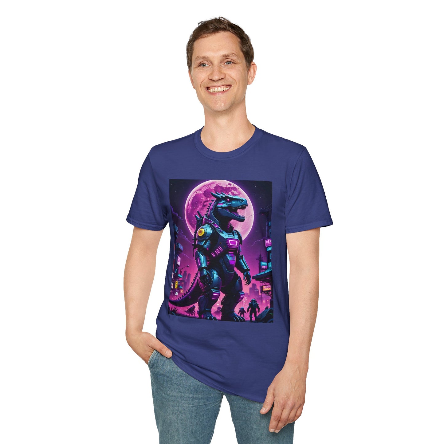 Cyberpunk Dinosaur T Shirt Neon Retro Graphic Tee Futuristic Monster Artwork Top Gift for Sci Fi Fans