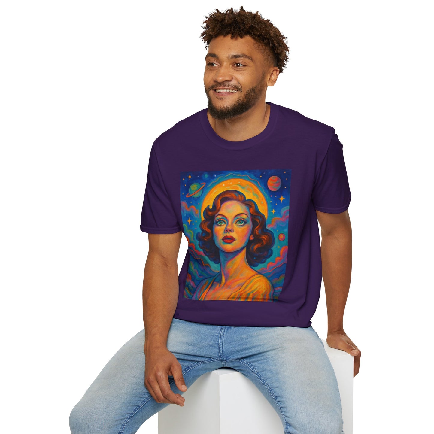 Retro Space Girl T Shirt Vintage Sci Fi Beauty Psychedelic Pop Art Galaxy Babe Tee Gift for Star Gazers Cosmic Fashion Astronaut Dreamwear