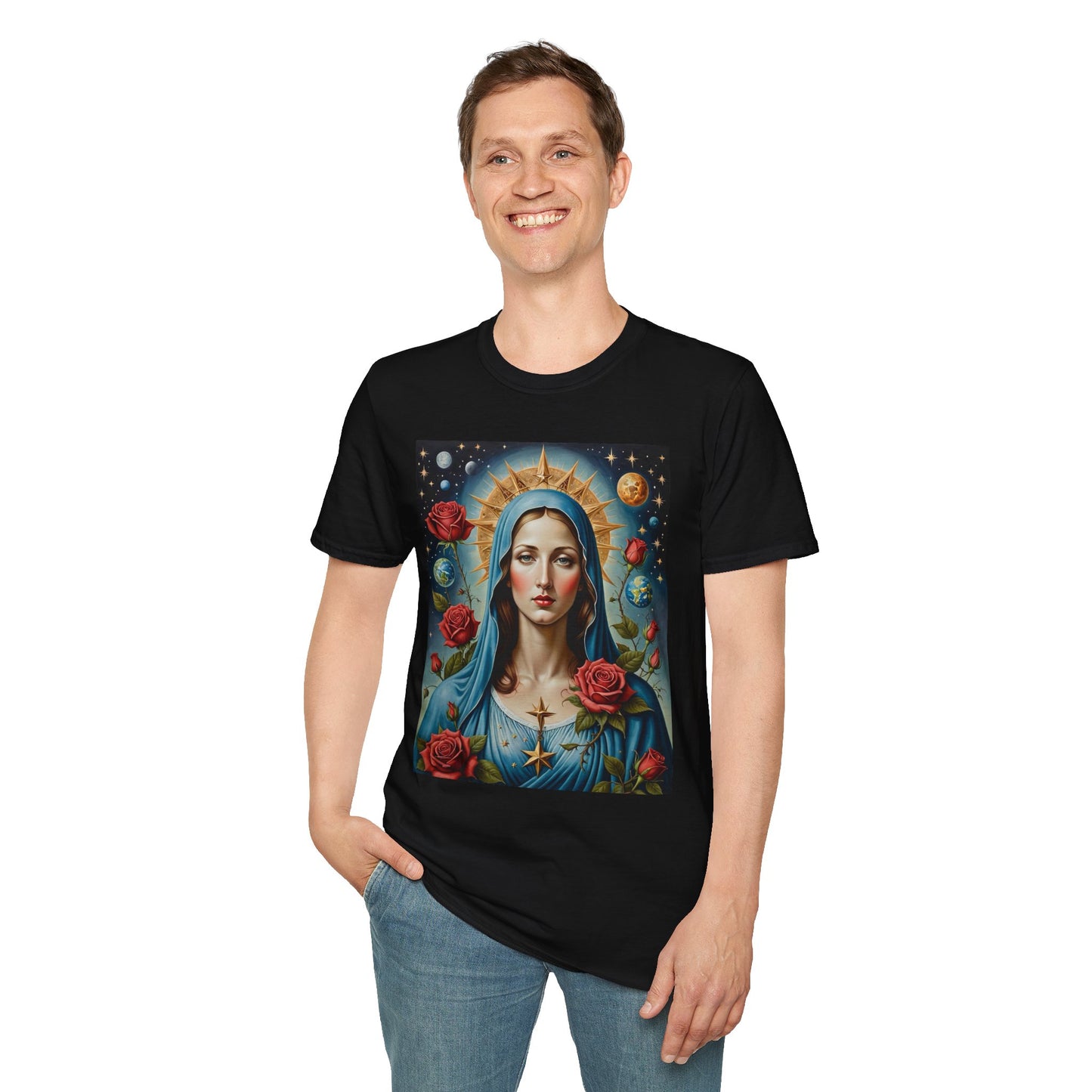 Artistic Virgin Mary T-Shirt, Vintage Graphic Tee, Religious Shirt, Christian Gift, Casual Wear