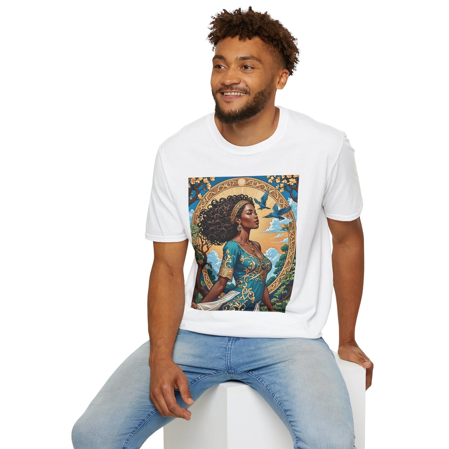Bohemian Goddess T-Shirt, Unisex Softstyle Tee, Nature-Inspired Apparel, Gift for Women, Artistic Graphic Shirt, Eco-Friendly Fashion