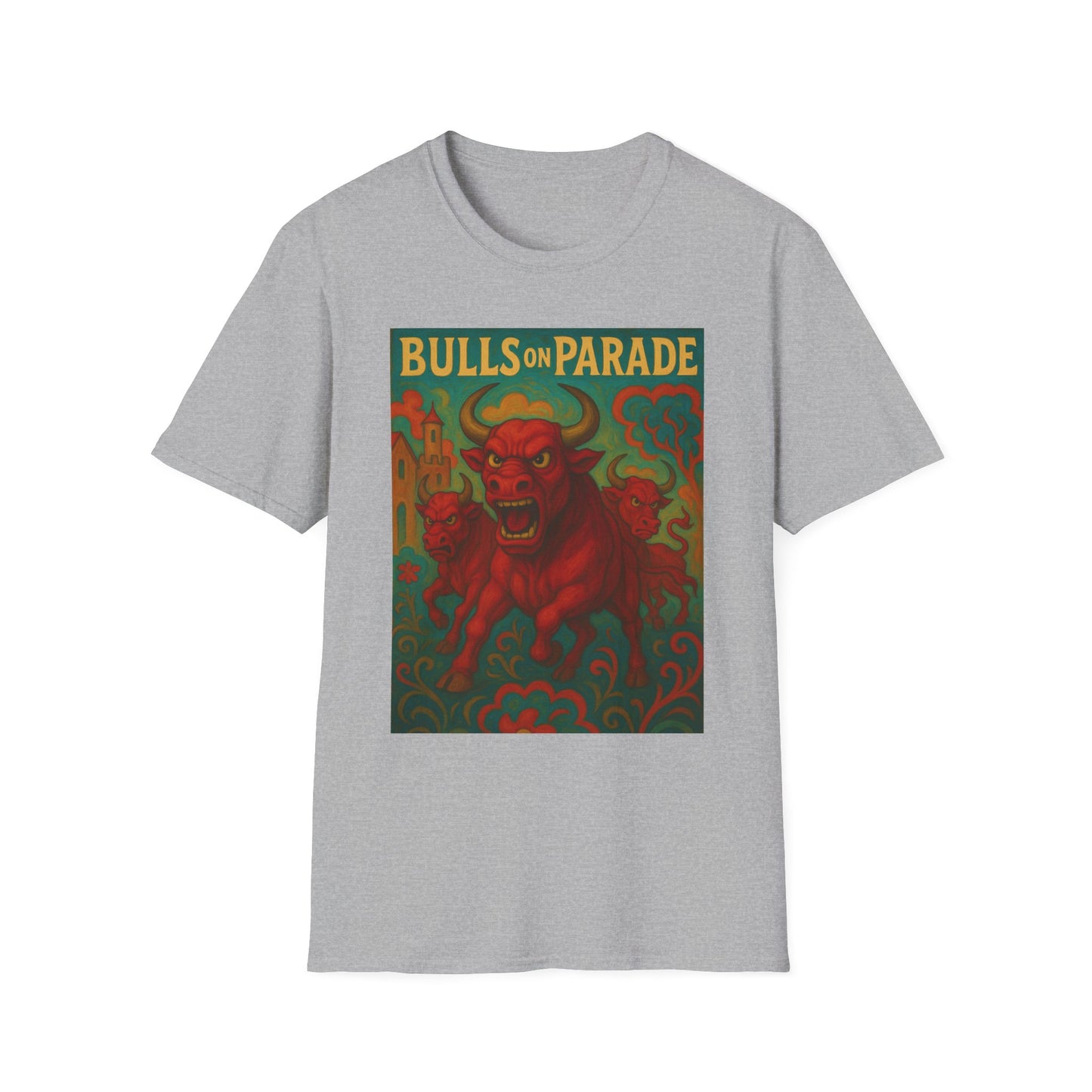 Bulls on Parade Shirt – Psychedelic Rage-Inspired Bull Graphic Tee • Gildan Softstyle® Unisex • Protest Art T-Shirt • Gift for Rage Fans
