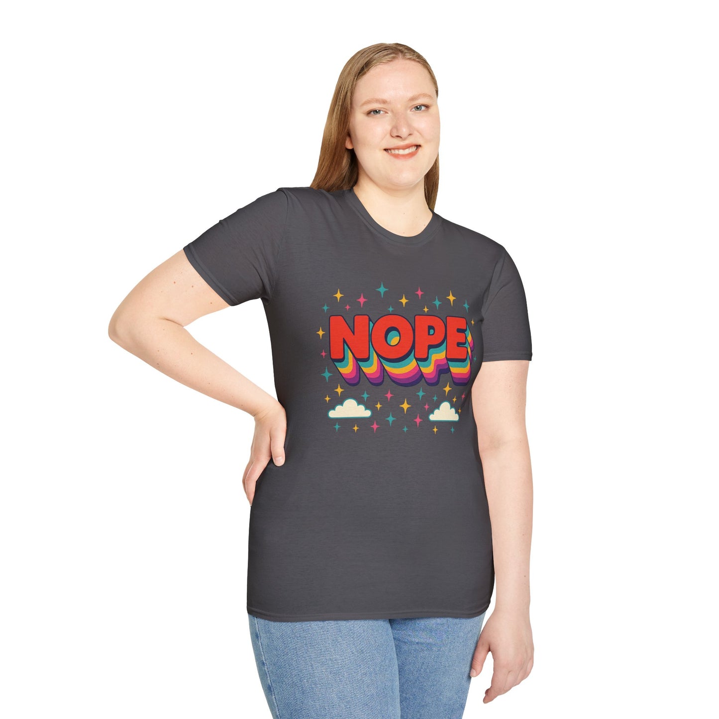 Nope Rainbow Cloud T-Shirt Funny Antisocial Humor Gift for Introverts Softstyle Unisex Tee