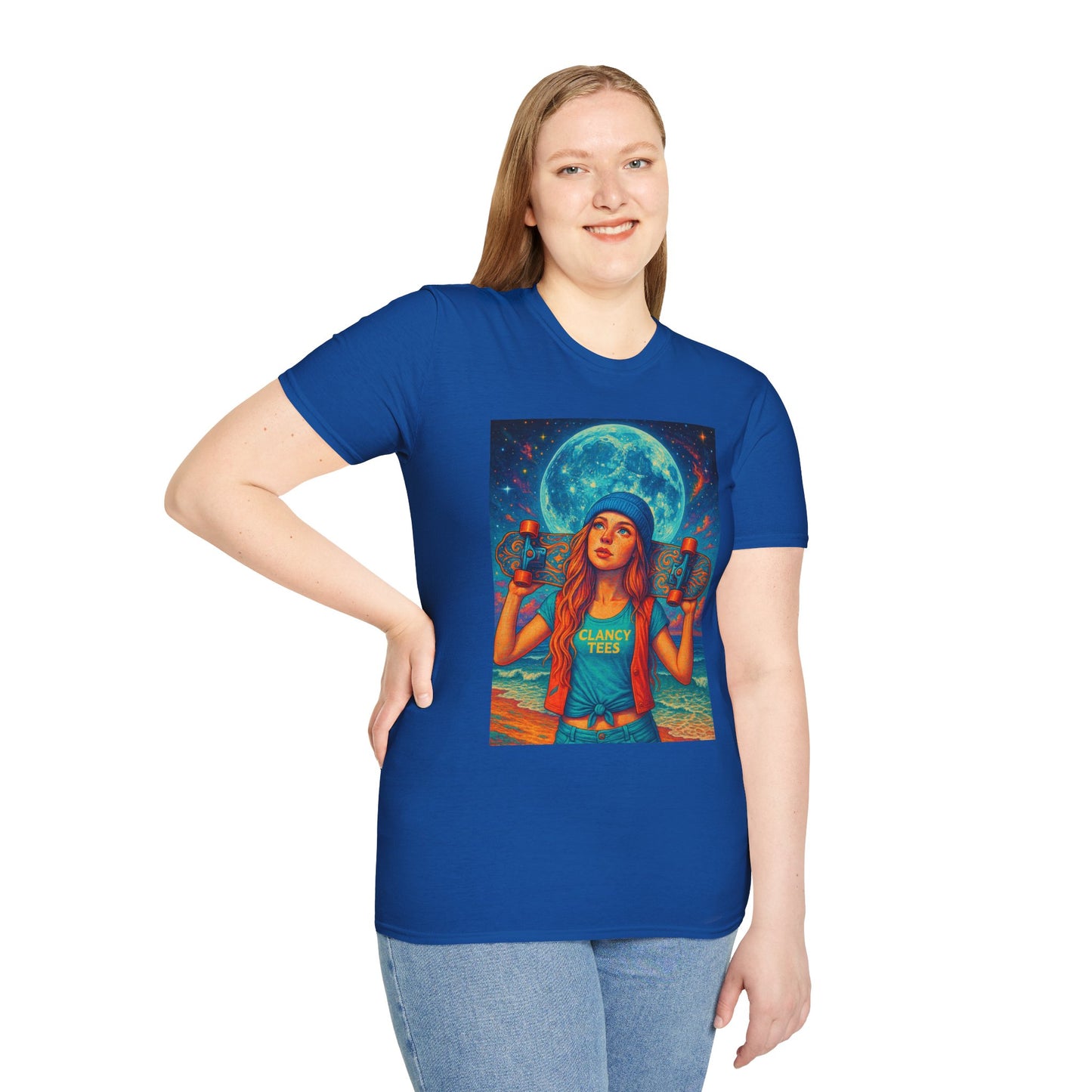 Bohemian Skater Girl Graphic Tee, Unisex T-Shirt with Moon & Nature Design, Perfect for Festivals, Gift for Nature Lovers, Summer Vibes, Casual Wear