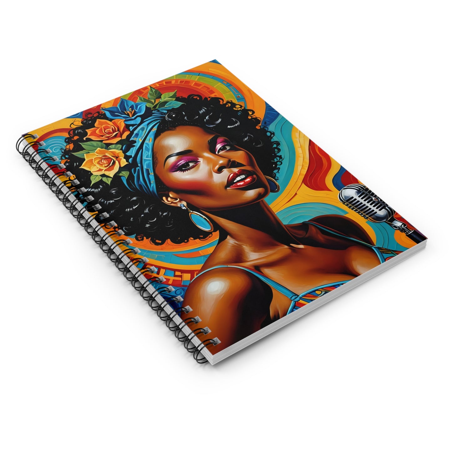 Afrofuturist Singer Notebook – Retro Soul Journal with Bold Art, Vintage Microphone Writing Notebook, Vibrant Music Inspired Journal, Gift for Creative Writers