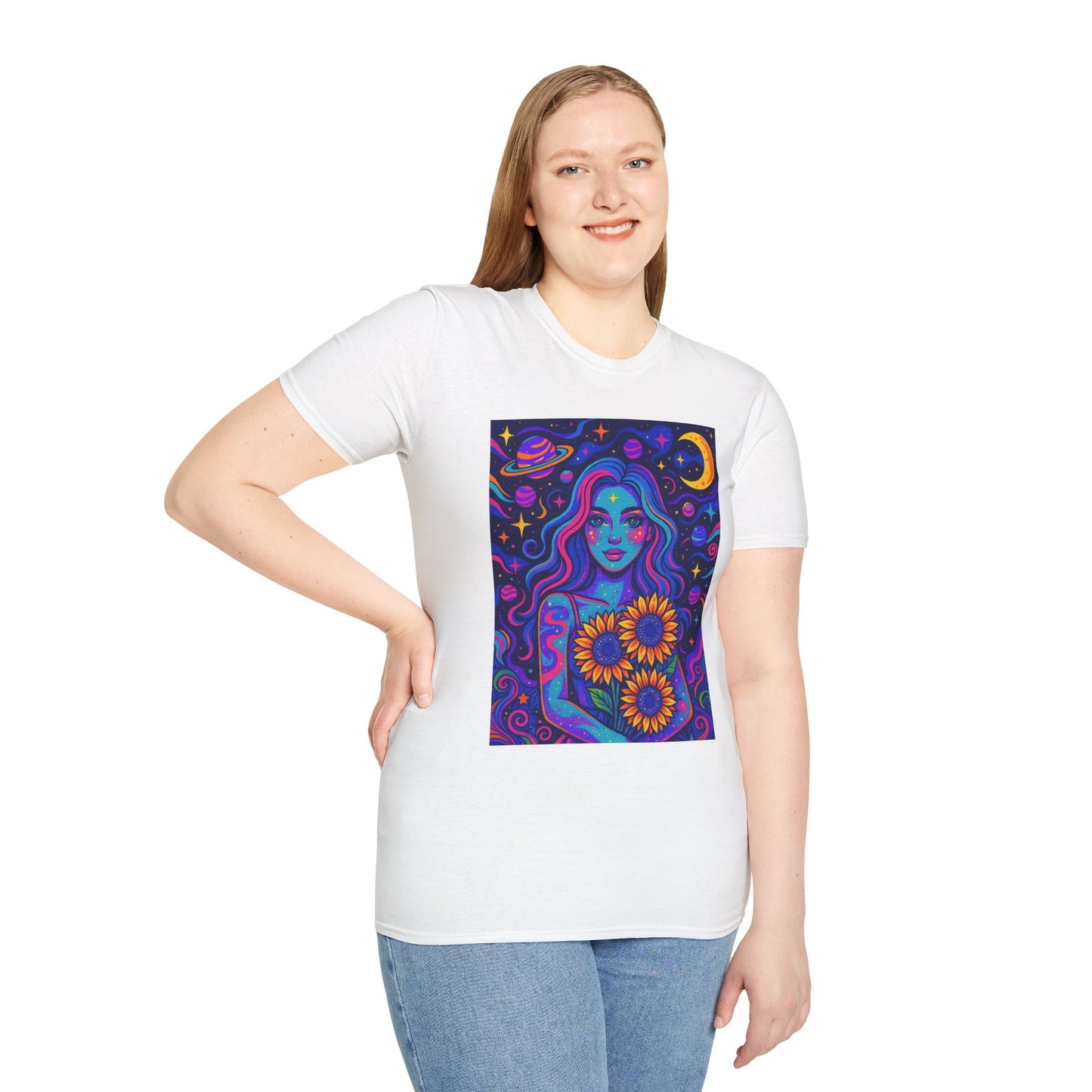 Psychedelic Sunflower Girl Shirt Trippy Space Goddess Tee Gift for Astrology Lovers Cosmic Art T Shirt for Hippies Star Gazers and Moon Magic Fans