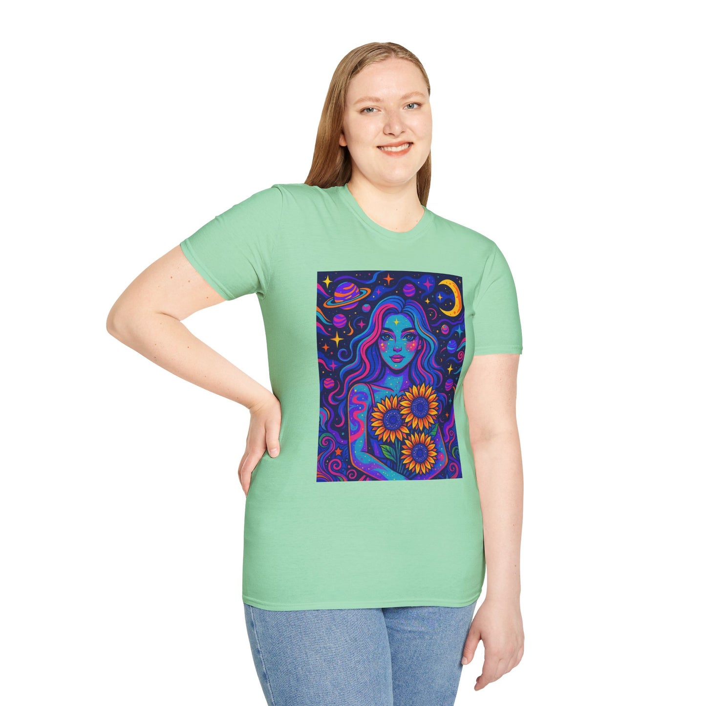 Psychedelic Sunflower Girl Shirt Trippy Space Goddess Tee Gift for Astrology Lovers Cosmic Art T Shirt for Hippies Star Gazers and Moon Magic Fans