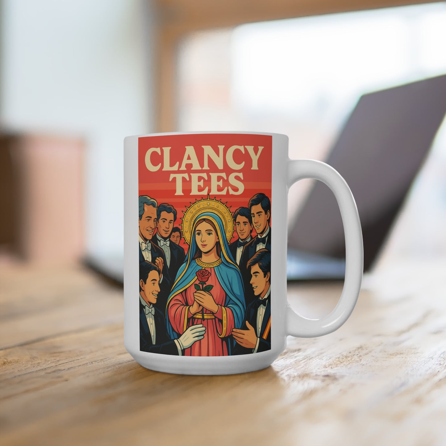 Blessed Virgin Mary Surrounded By Suitors Mug – Bold Retro Religious Coffee Cup, Funny Prayer Ceramic, Gift For Catholics And Icon Lovers