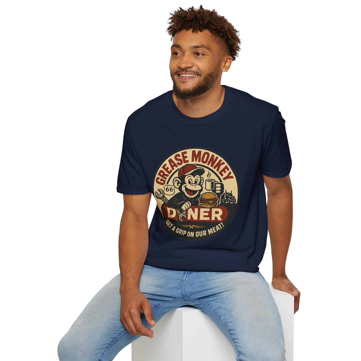 Grease Monkey Diner T-Shirt – Retro Mechanic Mascot Tee – Funny Vintage Roadside Shirt Gift for Car Guys, Grill Masters, and Route 66 Road Trip Fans