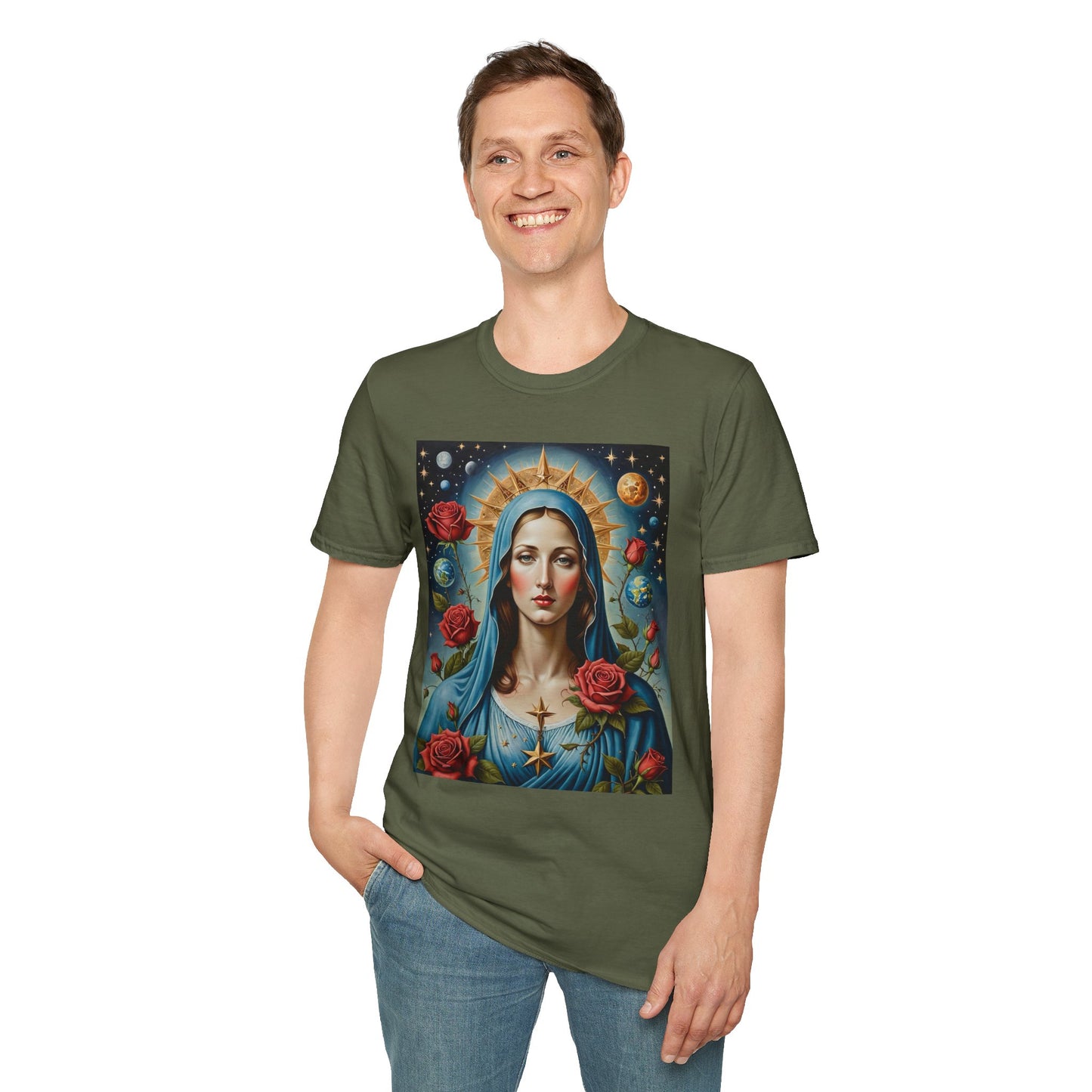 Artistic Virgin Mary T-Shirt, Vintage Graphic Tee, Religious Shirt, Christian Gift, Casual Wear