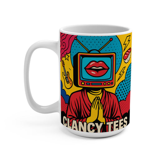 Retro Pop Art TV Head Mug Surreal Graphic Coffee Cup Gift For Pop Culture Fans