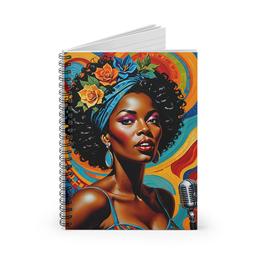 Afrofuturist Singer Notebook – Retro Soul Journal with Bold Art, Vintage Microphone Writing Notebook, Vibrant Music Inspired Journal, Gift for Creative Writers